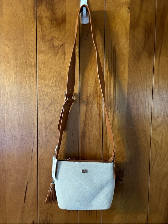 David Jones Handbags - Cream Canvas Crossbody with Tan Leather Strap